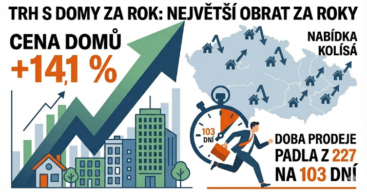 Domy v ČR za poslední rok: metr zdražil o 14,1 %, nabídka kolísá a doba prodeje padla z 227 na 103 dní. Trh domů zažívá největší obrat za roky