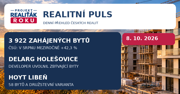 Realitní puls 8. 10. 2026: Výstavba bytů vzrostla o 42,3 %. Developeři rozšiřují nabídku v Praze