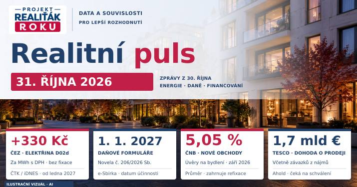 Realitní puls 31. 10. 2026: ČEZ zdraží od ledna, mění se daňové formuláře
