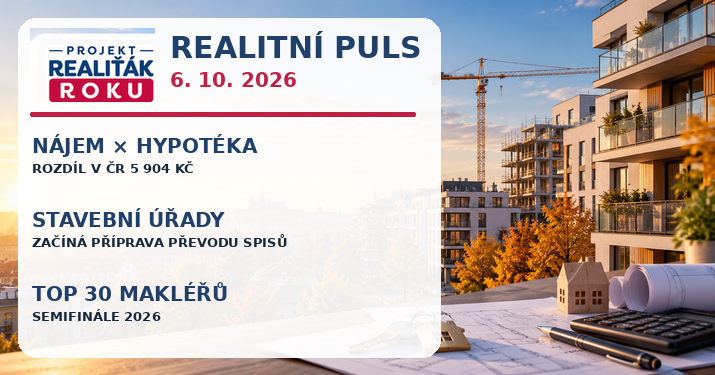 Realitní puls 6. 10. 2026: Hypotéka je o 5 904 Kč dražší než nájem. Stavební úřady chystají převod spisů