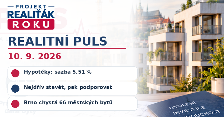 Realitní puls 10. 9. 2026: Hypotéky zdražují, Česko řeší více výstavby a Brno chystá 66 městských bytů