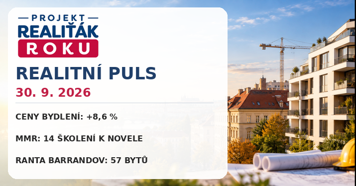 Realitní puls 30. 9. 2026: Ceny bydlení rostou o 8,6 %, MMR připravuje úřady na stavební novelu a na Barrandově přibylo 57 bytů