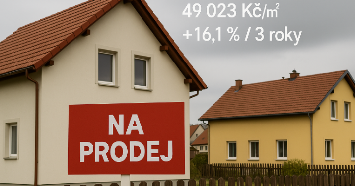 Domy na prodej: srpen 2025 49 023 Kč/m², za tři roky +16,1 %. Mezi kraji ale panují „dva trhy“