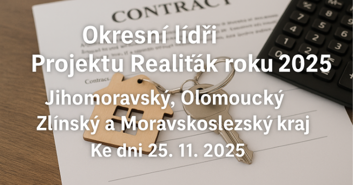 Okresní lídři Projektu Realiťák roku 2025: Jihomoravský, Olomoucký, Zlínský a Moravskoslezský kraj ke dni 25. 11. 2025