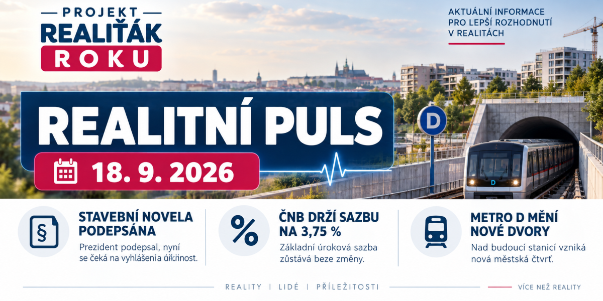 Realitní puls 18. 9. 2026: Prezident podepsal stavební novelu, ČNB drží sazbu na 3,75 % a metro D mění Nové Dvory