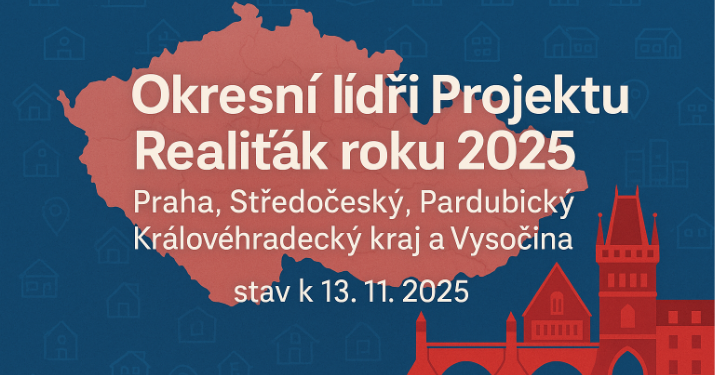 Okresní lídři Projektu Realiťák roku 2025: Praha, Středočeský, Pardubický, Královéhradecký kraj a Vysočina ke dni 13. 11. 2025