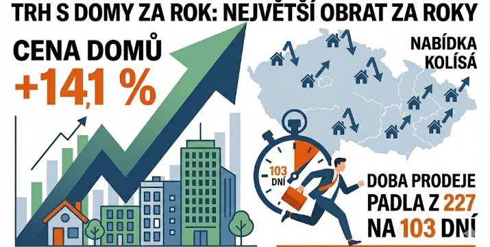 Domy v ČR za poslední rok: metr zdražil o 14,1 %, nabídka kolísá a doba prodeje padla z 227 na 103 dní. Trh domů zažívá největší obrat za roky