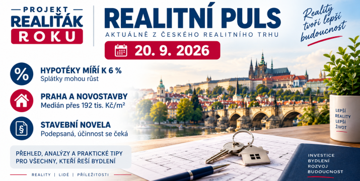 Realitní puls 20. 9. 2026: Hypotéky míří k 6 %, Praha drží vysoké ceny novostaveb a stavební novela čeká na další krok