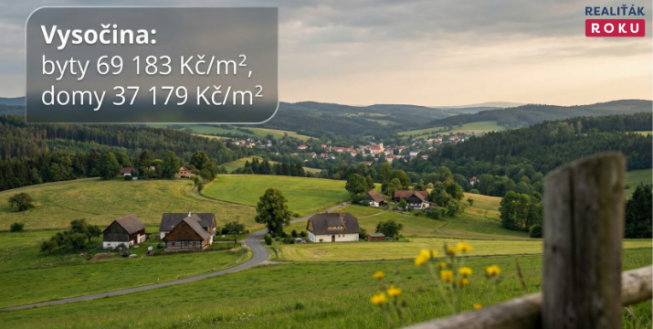 Kraj Vysočina za 10 let: byty v prodeji zdražily na 69 183 Kč/m², domy na 37 179 Kč/m² a trh se v březnu 2026 výrazně zrychlil