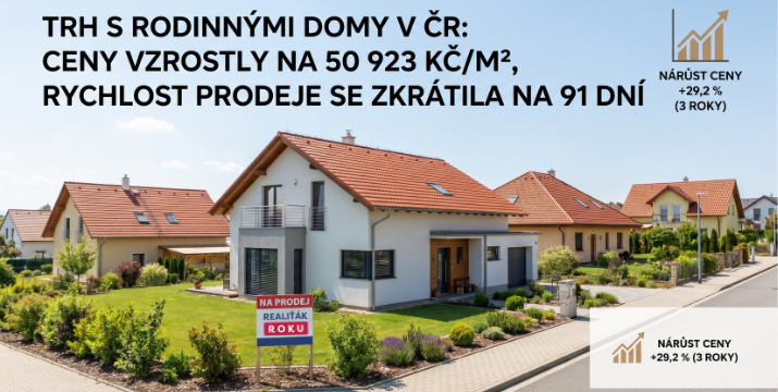 Domy k prodeji za poslední 3 roky: cena v ČR vzrostla na 50 923 Kč/m², trh se výrazně zrychlil a nabídka dál drží vysoký objem