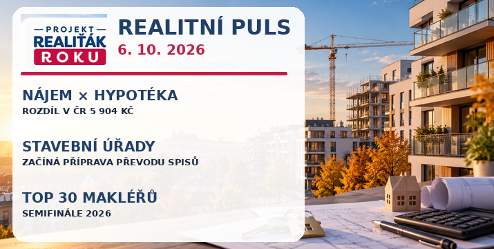 Realitní puls 6. 10. 2026: Hypotéka je o 5 904 Kč dražší než nájem. Stavební úřady chystají převod spisů