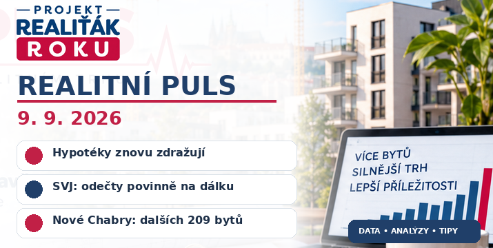 Realitní puls 9. 9. 2026: Hypotéky znovu zdražují, SVJ čekají dálkové odečty a v Praze přibudou další byty