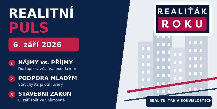 Realitní puls 6. 9. 2026: Nájem naráží na příjmy, stát plánuje podporu mladým a stavební zákon se vrací do Sněmovny