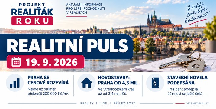Realitní puls 19. 9. 2026: Praha se cenově rozevírá, novostavby ukazují rozdíl proti okolí a stavební novela čeká na další krok