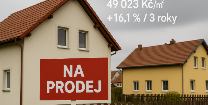 Domy na prodej: srpen 2025 49 023 Kč/m², za tři roky +16,1 %. Mezi kraji ale panují „dva trhy“