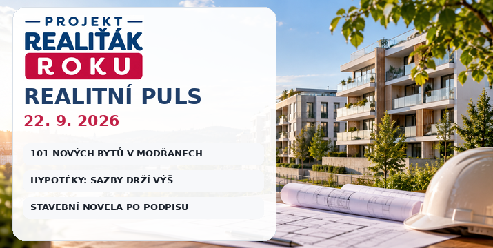 Realitní puls 22. 9. 2026: V Modřanech přibude 101 bytů, hypotéky drží 5,51 % a stavební novela čeká na další krok