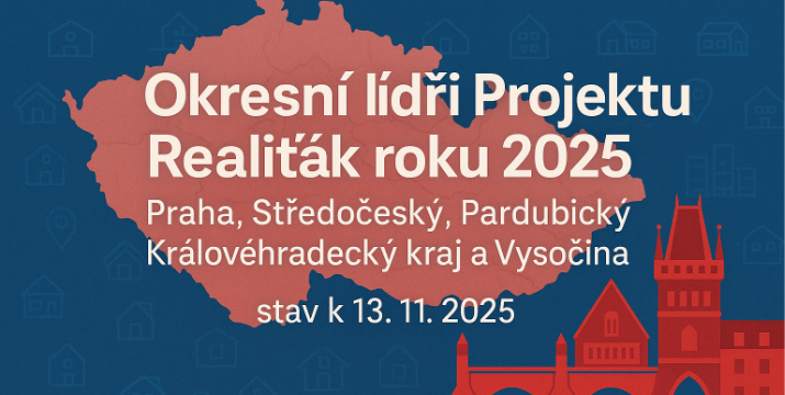 Okresní lídři Projektu Realiťák roku 2025: Praha, Středočeský, Pardubický, Královéhradecký kraj a Vysočina ke dni 13. 11. 2025