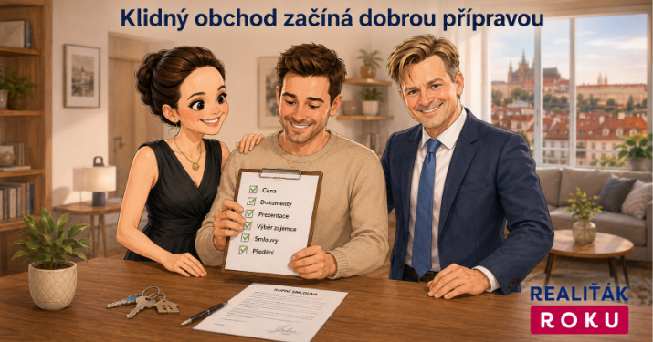 Monika Lukášová a Petr Makovský v karikaturním stylu ukazují, že dobře připravený prodej nebo pronájem může proběhnout v klidu.