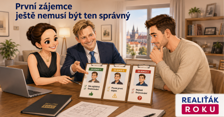 Monika Lukášová a Petr Makovský v karikaturním stylu pomáhají majiteli vybrat správného kupujícího nebo nájemníka.