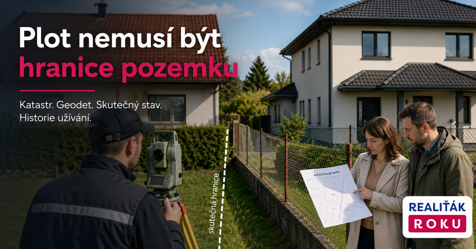 Majitelé sousedních nemovitostí s geodetem porovnávají skutečnou hranici pozemků se starým plotem a katastrální mapou.
