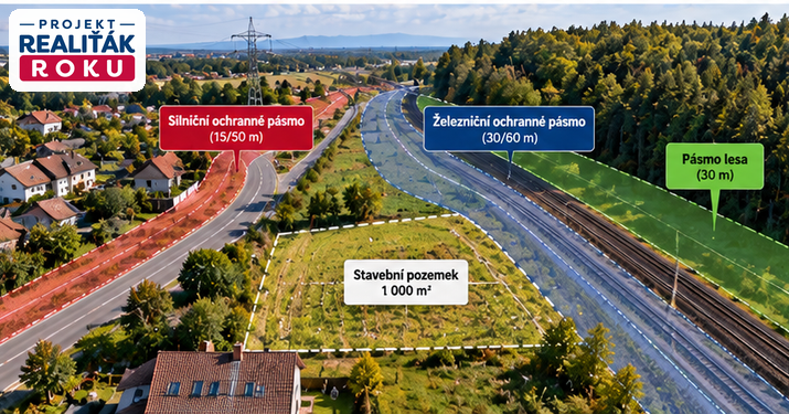 Ochrann&aacute; p&aacute;sma silnice železnice elektrick&eacute;ho veden&iacute; a lesa u stavebn&iacute;ho pozemku