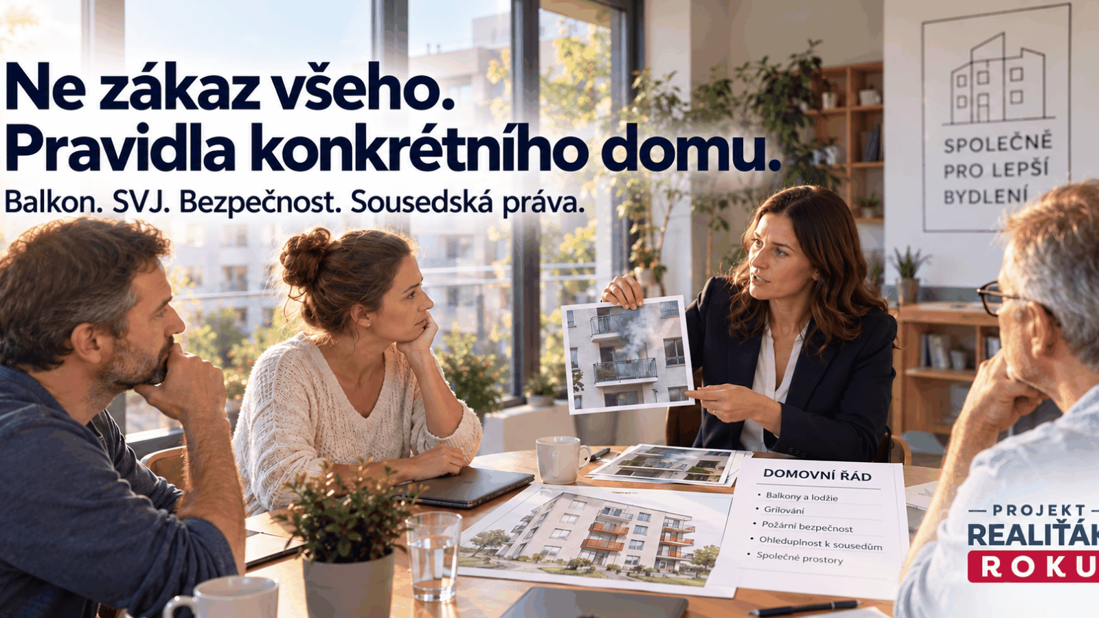 Obyvatelé domu s odborníkem porovnávají bezpečné a rizikové umístění grilu na balkoně a postup při sousedském konfliktu
