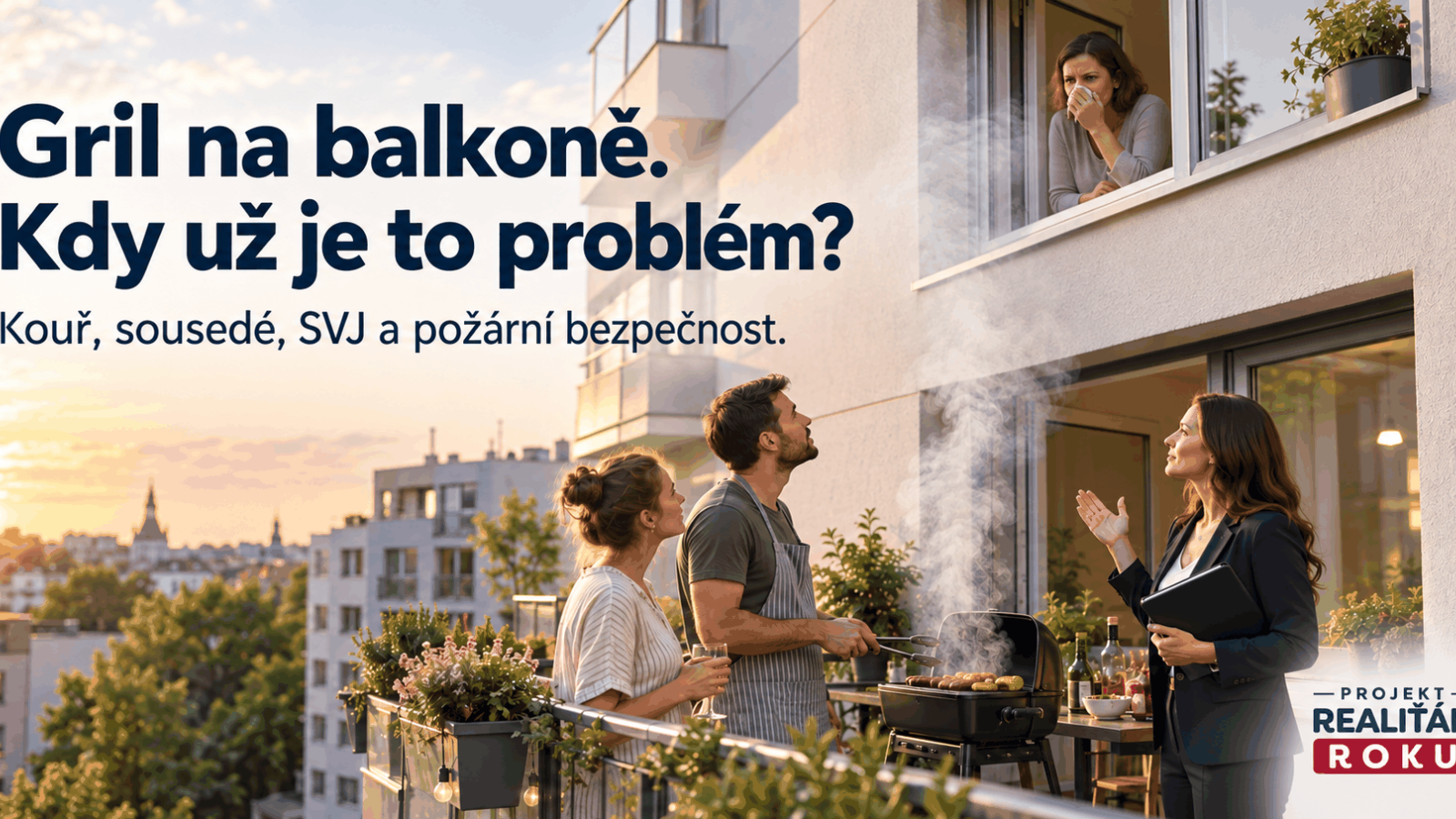 Obyvatelé bytového domu řeší kouř z grilu na balkoně, který stoupá do otevřených oken sousedů