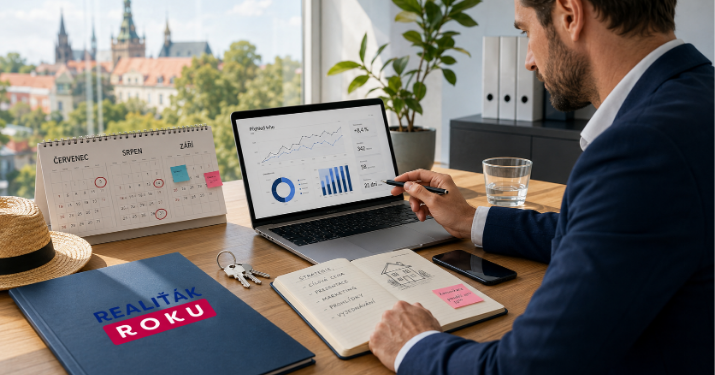 Aktivní realitní makléř pracuje v létě s daty, klientem a strategií prodeje nemovitosti