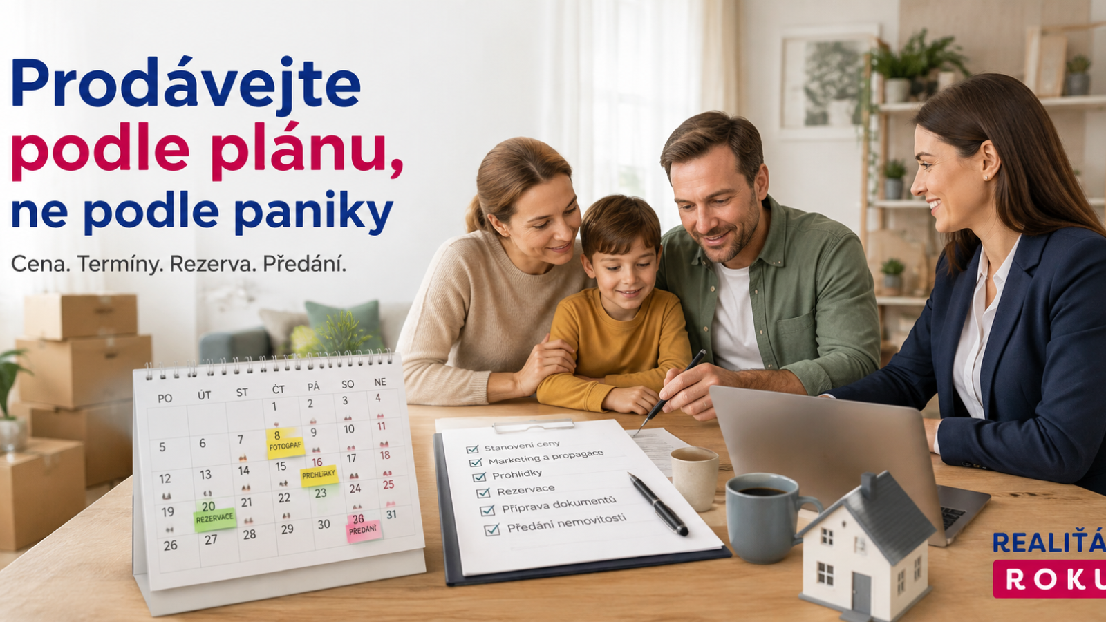 Rodina s makléřkou připravuje harmonogram prodeje a stěhování s časovou rezervou.