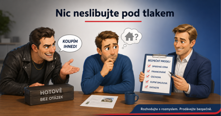 Karikatura prodávajícího, který si nechává ověřit rychlou nabídku kupujícího podle bezpečného realitního postupu.