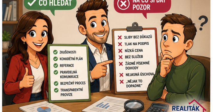Monika Luk&aacute;&scaron;ov&aacute; a Petr Makovsk&yacute; ukazuj&iacute; ot&aacute;zky a varovn&eacute; sign&aacute;ly při v&yacute;běru realitn&iacute;ho makl&eacute;ře.