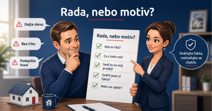 Karikatura checklistu, podle kterého prodávající ověřuje, zda rada od okolí není skrytý motiv.