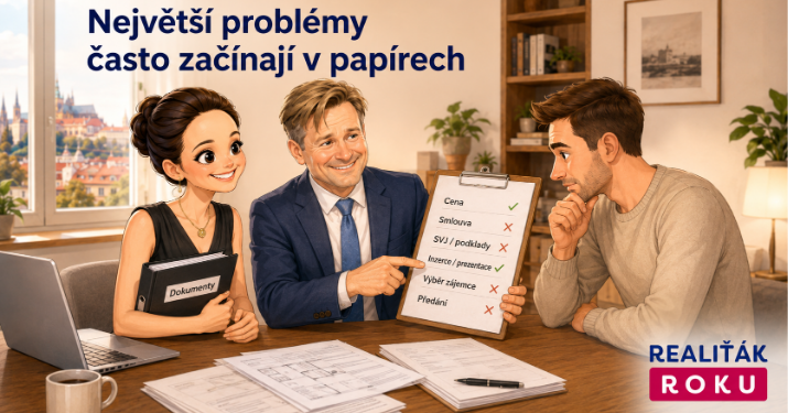 Monika Lukášová a Petr Makovský v karikatuře ukazují, jaké dokumenty a chyby řešit před prodejem nebo pronájmem.