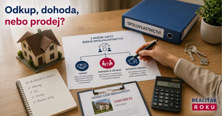 Rozhodovací diagram ukazuje možnosti řešení spoluvlastnictví nemovitosti: odkup, dohoda nebo prodej.