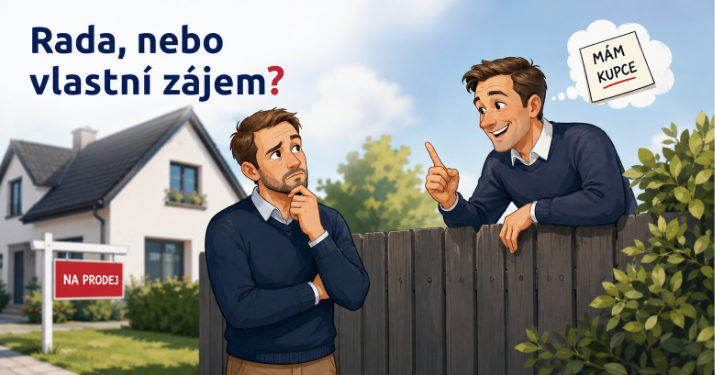 Karikatura souseda, který radí prodávajícímu snížit cenu nemovitosti, i když může mít vlastní zájem.